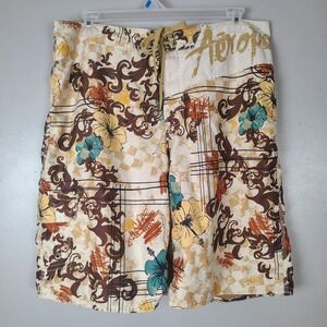 Aeropostale Aero Surf Mens Large Board Shorts Tropical Floral Hibiscus Tan Blue
